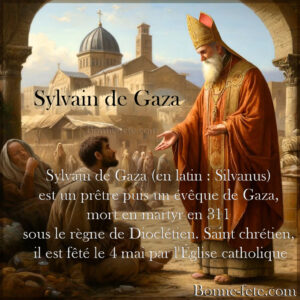 Sylvain de GazaA realistic, historical painting depicting Saint Sylvain, a bishop from the 4th century in Gaza. The scene captures a moment of his ministry, showing him in a compassionate interaction with the poor and oppressed. Saint Sylvain is portrayed as a wise and devoted figure, wearing traditional ecclesiastical robes of the period. The setting is an ancient Middle Eastern landscape, with architecture reflective of 4th-century Gaza. The background includes early Christian symbols and the humble dwellings of his followers, highlighting the cultural and historical context of his time.